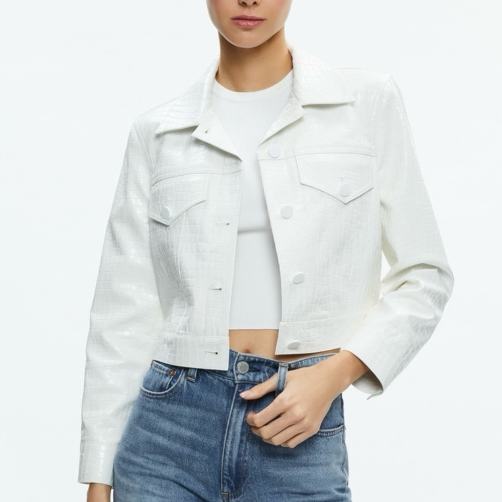 NWT Alice + Olivia Chloe Croc Embossed Vegan Leather Cropped Jacket, XL - Picture 4 of 16